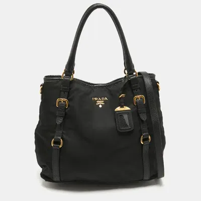 Pre-owned Prada Black Tessuto Nylon And Leather Buckle Tote