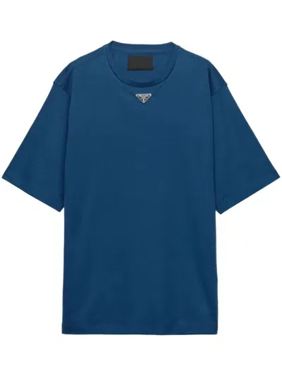 Prada Triangle Logo Cotton T-shirt In Blau