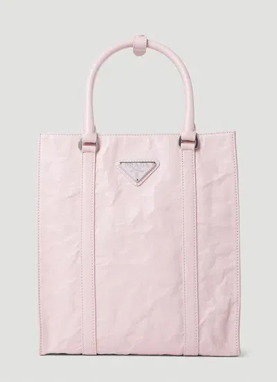 Prada Crinkled Leather Tote Bag Female Beigefemale In Pink