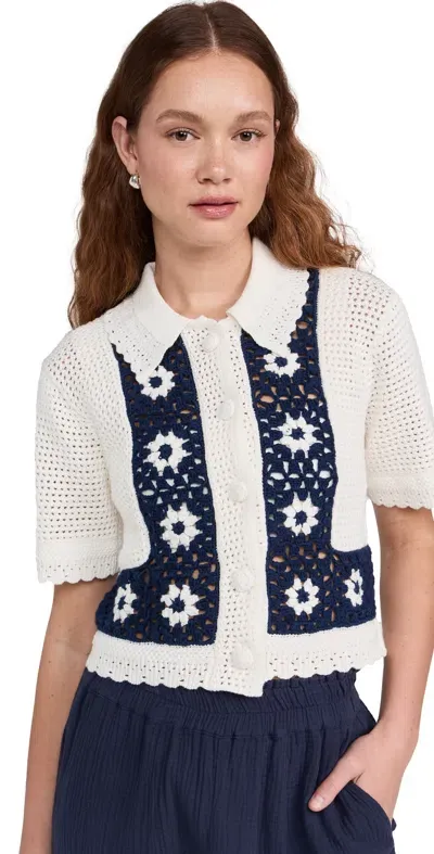 Rails Milan Crochet Accent Open Stitch Short Sleeve Cotton Sweater In Navy Crochet Daisies