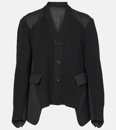 Sacai Chalk Stripe Ribbed-knit Wool Cardigan In Black