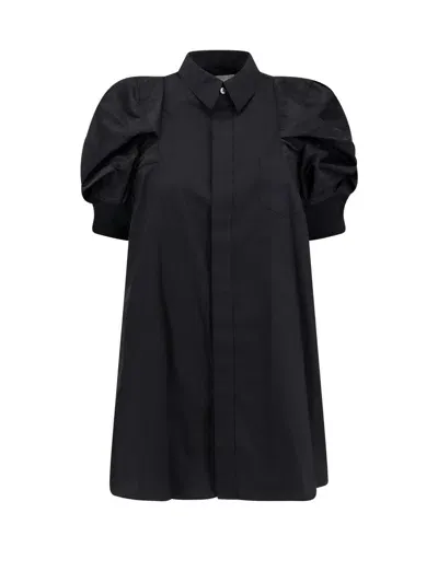 Sacai Cotton Shirt With Nylon Balloon Sleeves In Black