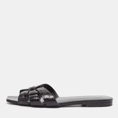 Pre-owned Saint Laurent Black Croc Embossed Leather Tribute Flat Slides Size 37.5