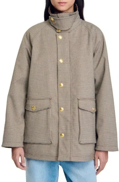 Sandro Check Coat With Velvet Collar In Brown