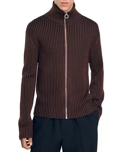 Sandro Ribbed Knit Full Zip Cardigan In Brown