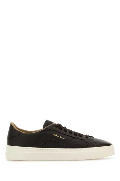 Santoni Brown Leather Double Buckle Sneakers