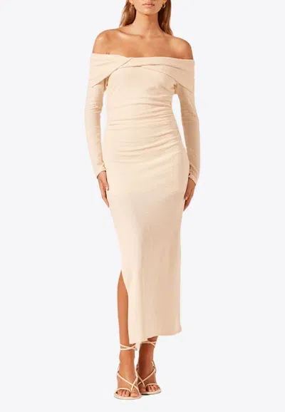 Shona Joy Beau Off Shoulder Twist Front Midi Dress In Ivory