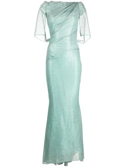 Talbot Runhof Metallic Voile Capelet Gown In Green