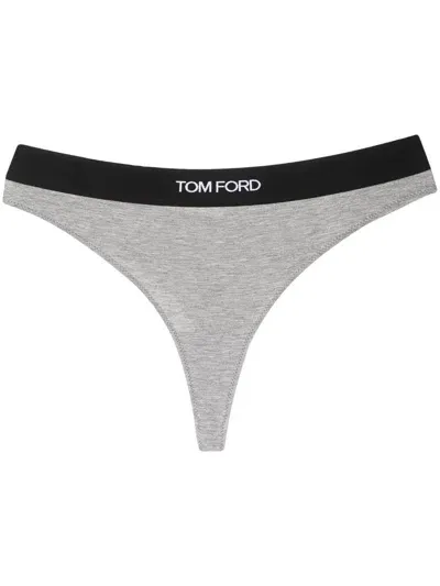 Tom Ford Logo Thong Briefs In Gray