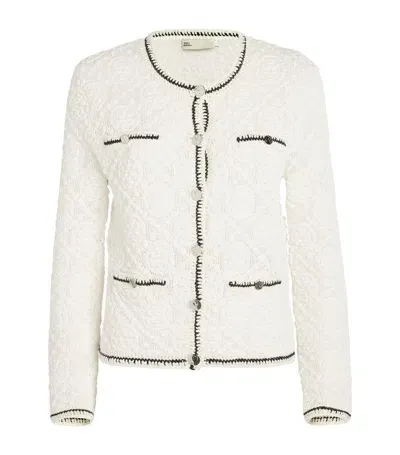 Tory Burch Jacquard Logo Kendra Cardigan In Bianco