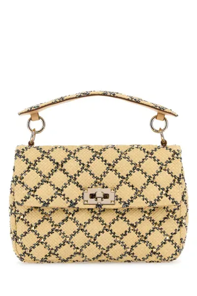 Valentino Garavani Raffia Rockstud Handbag In Naturalenerosaharabeige