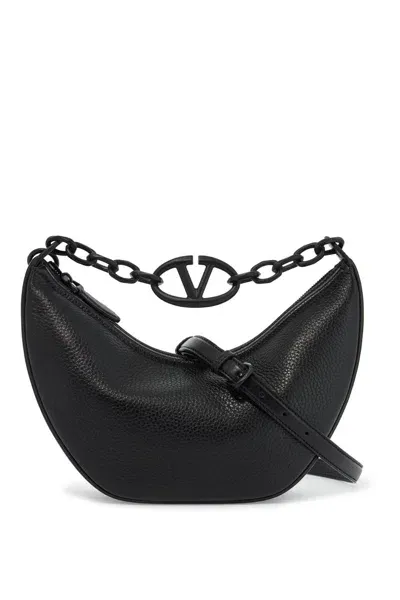 Valentino Garavani Small Vlogo Moon Bag Hobo In Hammered Leather In Black