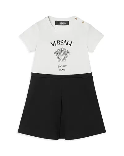 Versace Printed Logo Cotton Jersey Dress In White/black