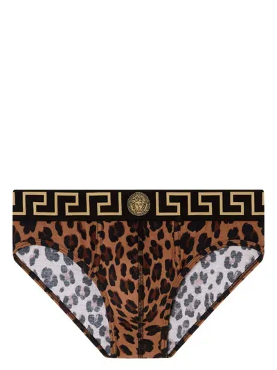 Versace Greca Border Leopard-print Briefs In Multi