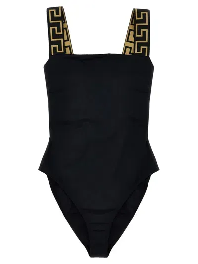 Versace Geometric Strap One-piece Swimsuit In Black