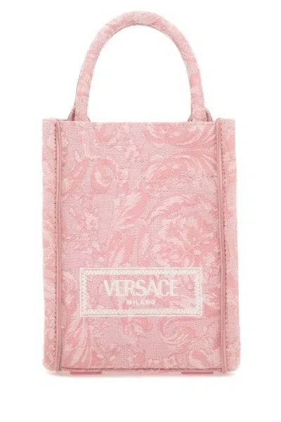 Versace Woman Embroidered Fabric Mini Athena Handbag In Pink