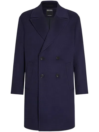 Zegna Double-breasted Cashmere Coat In Blue