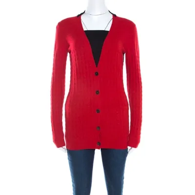 Pre-owned Just Cavalli Bicolor Textured Knit Wool Button Front Cardigan Xs In Red