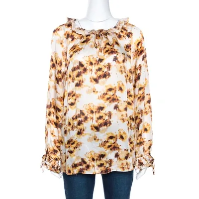 Pre-owned Ch Carolina Herrera White & Brown Printed Silk Ruffled Blouse L