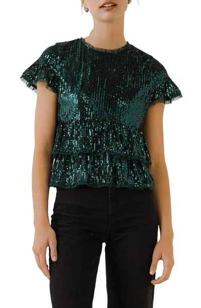 Endless Rose Sequins Baby Doll Top With Mesh In Green