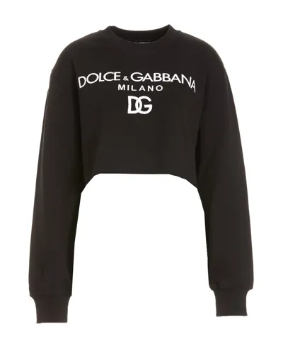 Dolce & Gabbana Black Logo Print Cropped Cotton Sweatshirt In Nero