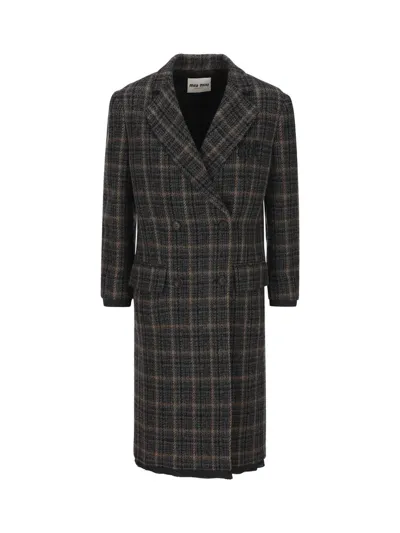 Miu Miu Double-breasted Plaid Coat In Ebony