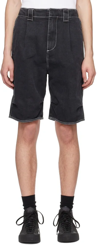 Sunnei Black Pleated Denim Shorts In Washed Black Denim