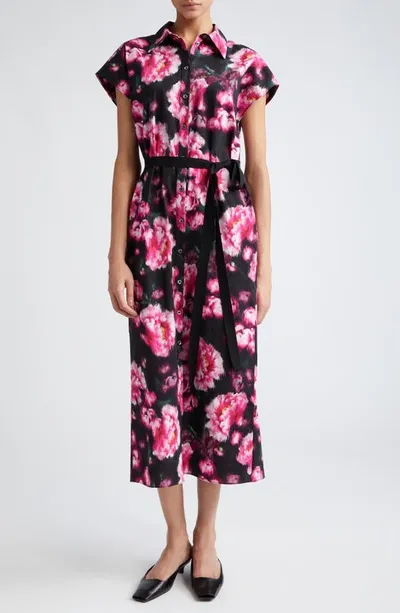 Adam Lippes Peony Print Cotton Stretch Poplin Shirtdress In Black Floral