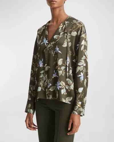 Vince Floral Silk Draped Tie-neck Blouse In Eden